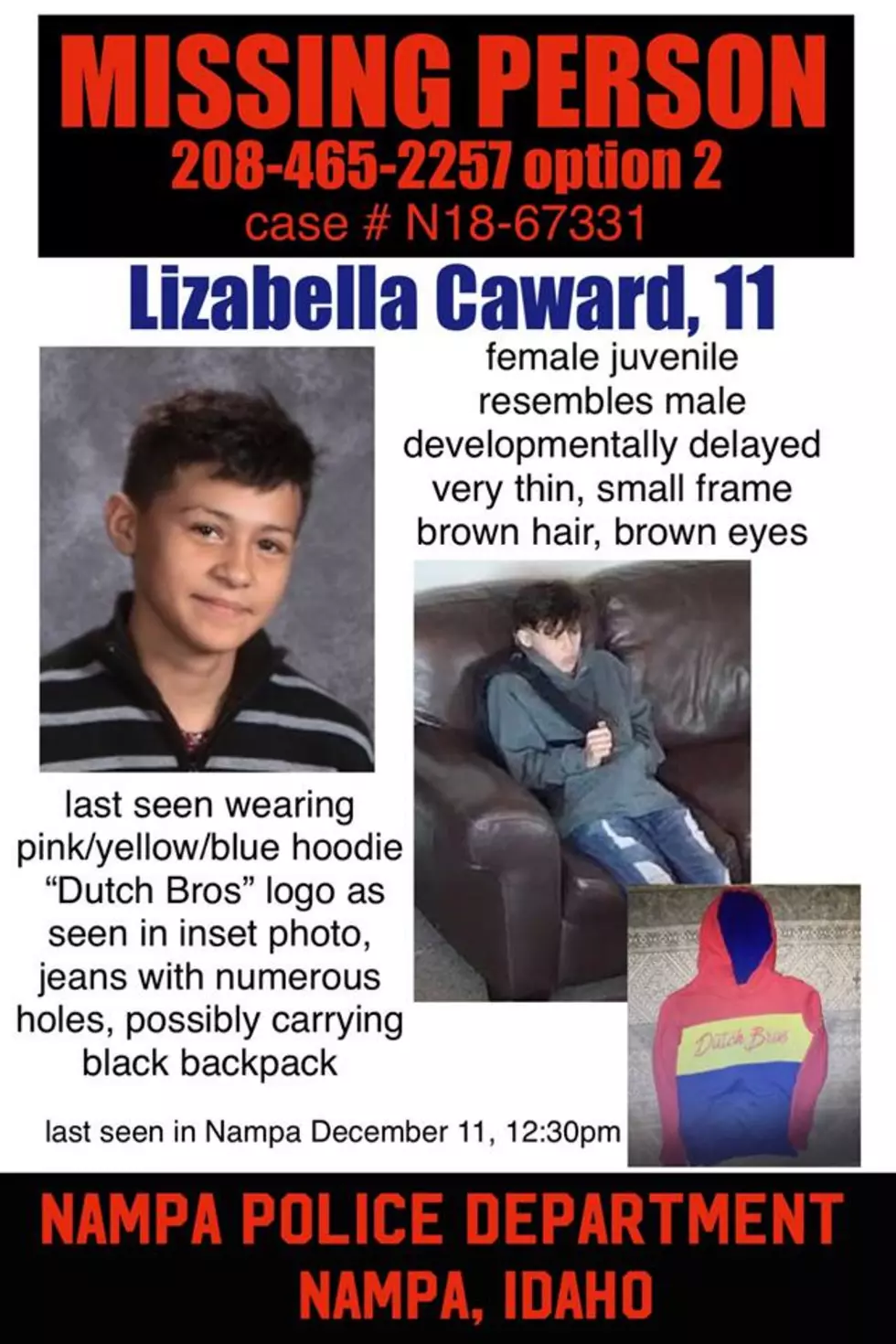 Nampa Police Need Helping Finding 11 Year Old Lizabella Caward