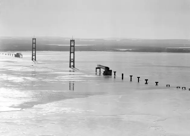 Historic Photo Shows Mackinac Bridge During Construction