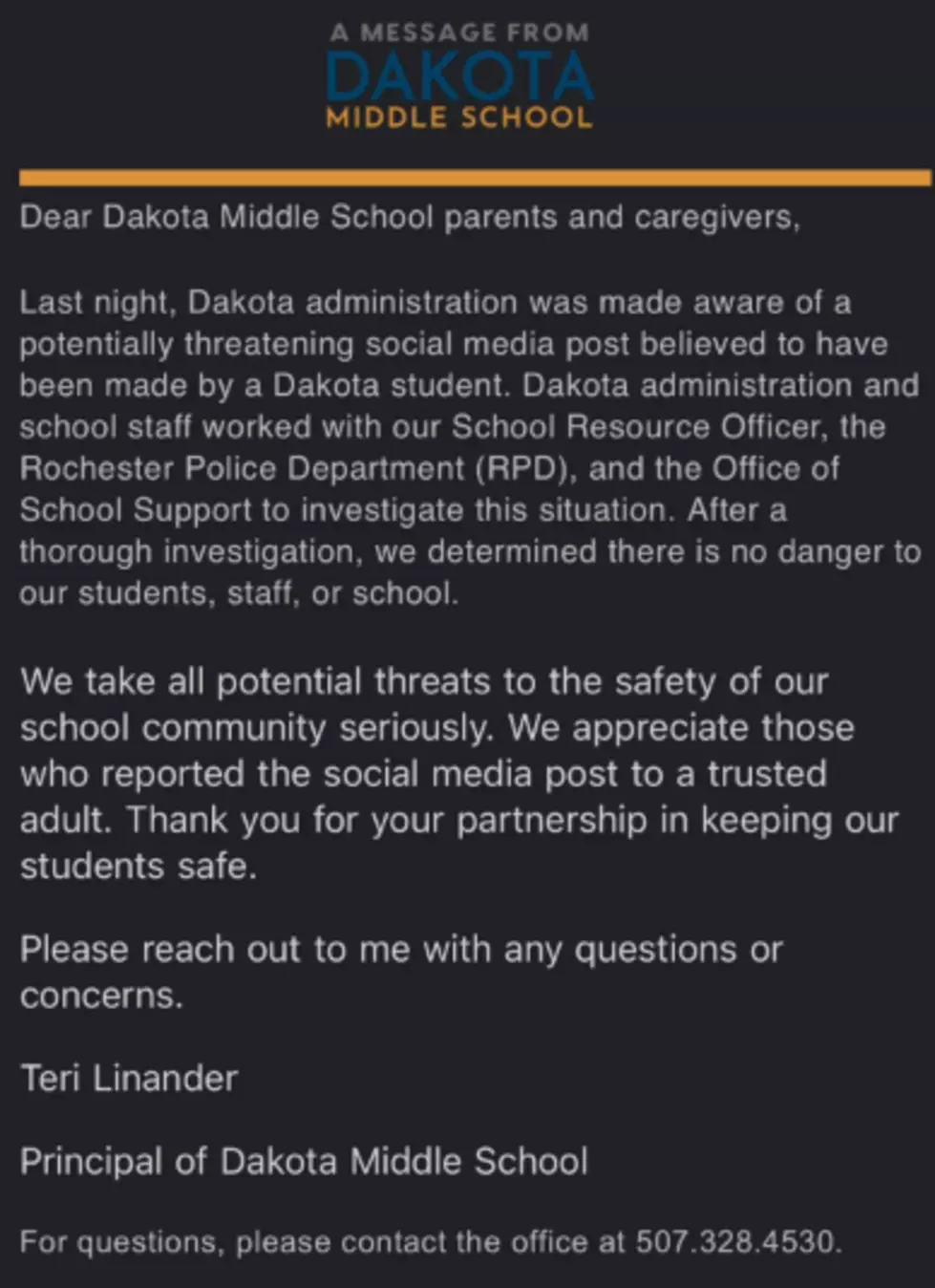 Dakota Middle School threats email