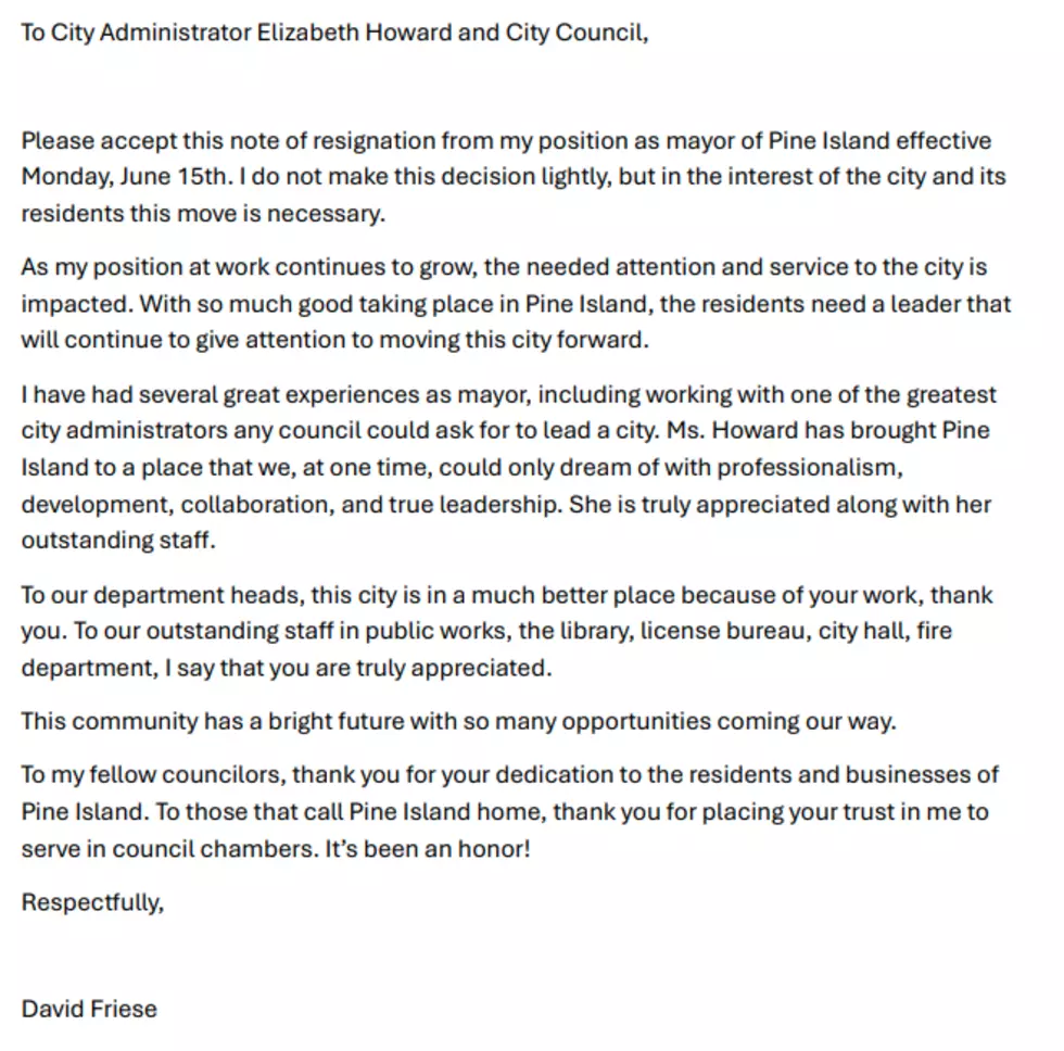 Mayor David Friese resignation letter. City of Pine Island
