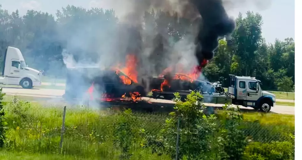 Amazon Van and Car Attached to Flatbed Engulfed by Fire on Hwy. 52 Near Pine Island