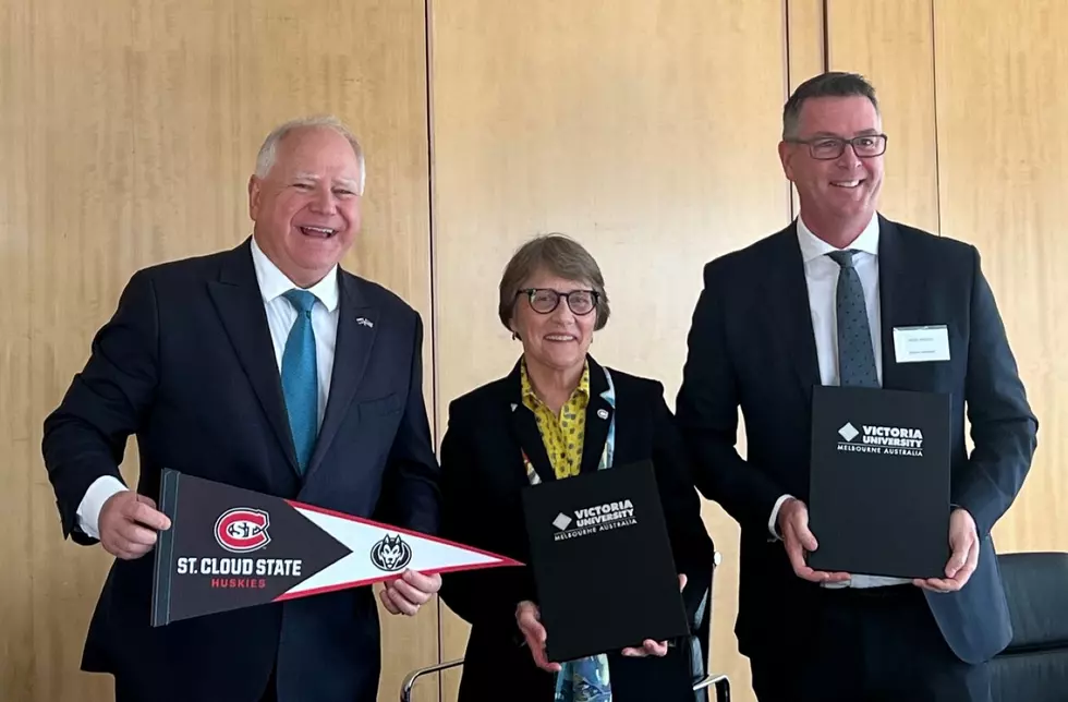 Minnesota Governor Tim Walz, SCSU President Robbyn Wacker and Wade Noonan, Deputy Vice Chancellor, Internal Engagement at Victoria University in Melbourne, pose for a photo. Photo: SCSU