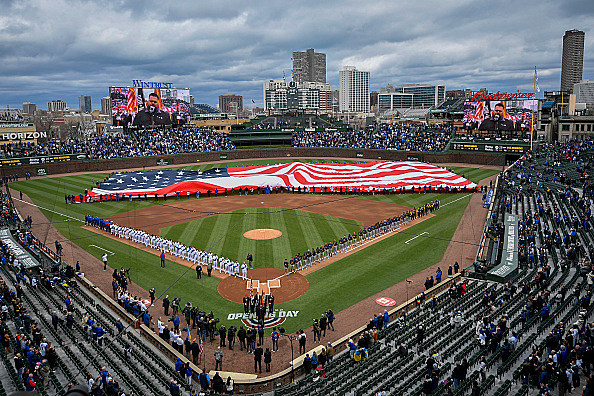 The flags of the retired jersey numbers of former Chicago Cubs News  Photo - Getty Images