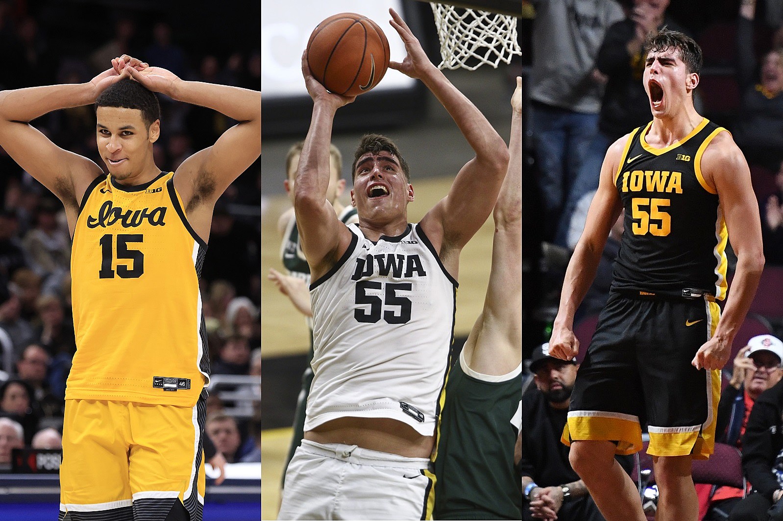 Iowa forward Keegan Murray, right, dunks against Ohio State guard Eugene  Brown during the second half of an NCAA college basketball game in  Columbus, Ohio, Saturday, Feb. 19, 2022. Iowa won 75-62. (