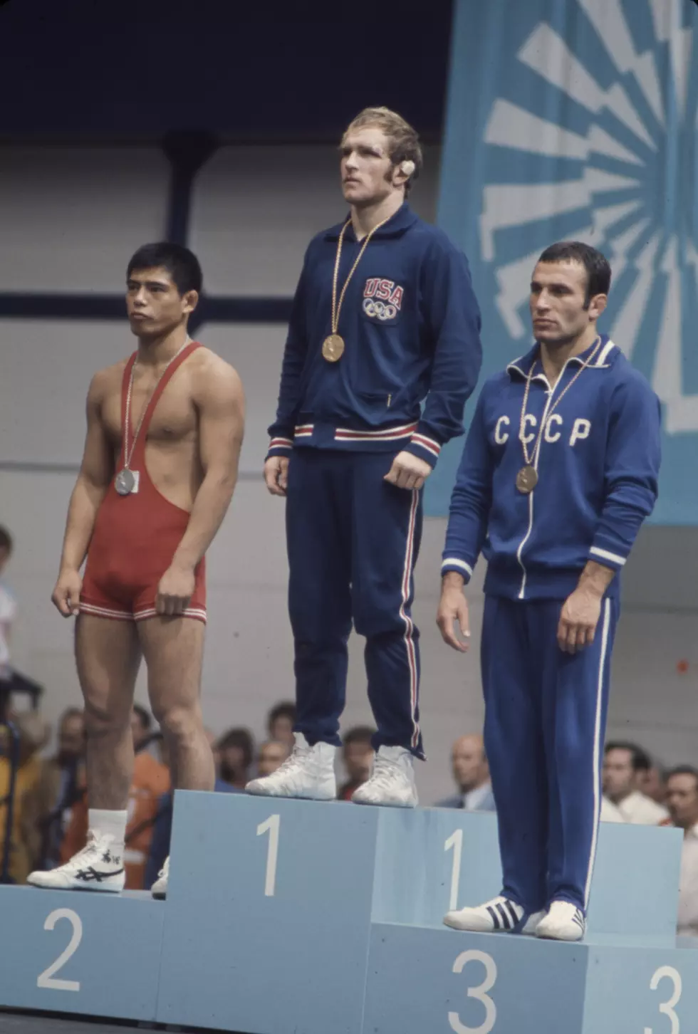 Kikuo Wada, Dan Gable, Ruslan Ashuraliyev In Medal Ceremony At The 1972 Summer Olympics