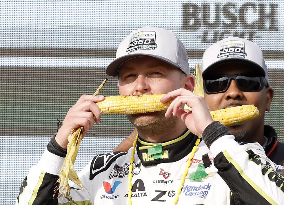 Credit: Sean Gardner/Getty Images | NEWTON, IOWA - AUGUST 03: William Byron, driver of the #24 Raptor Chevrolet, eats corn in celebration in victory lane after winning the NASCAR Cup Series Iowa Corn 350 Powered by Ethanol at Iowa Speedway on August 03, 2025 in Newton, Iowa.