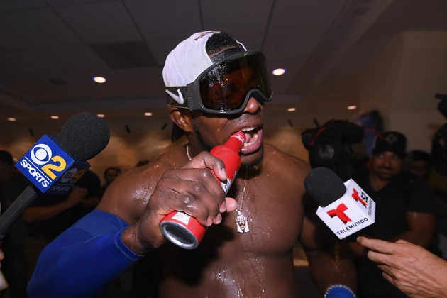 Yasiel Puig guarantees Dodgers will win World Series while shirtless and  drenched in beer 