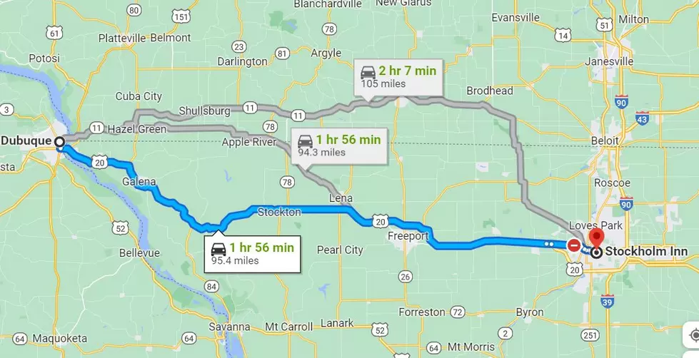 Dubuque to Rockford, IL, an agreeable two-hour drive that ends up being a straight-shot, more or less. Photo Credit: Google Maps