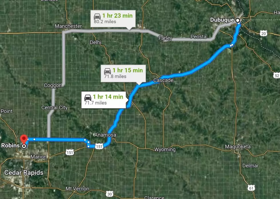 Routes to Robins from Dubuque. Photo Credit: Google Maps