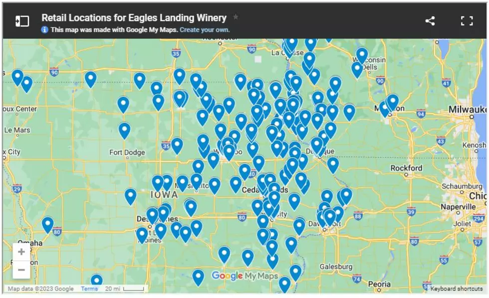 Credit: Google Maps Locations across Iowa and Wisconsin where you can get a bottle of Eagles Landing Wine.