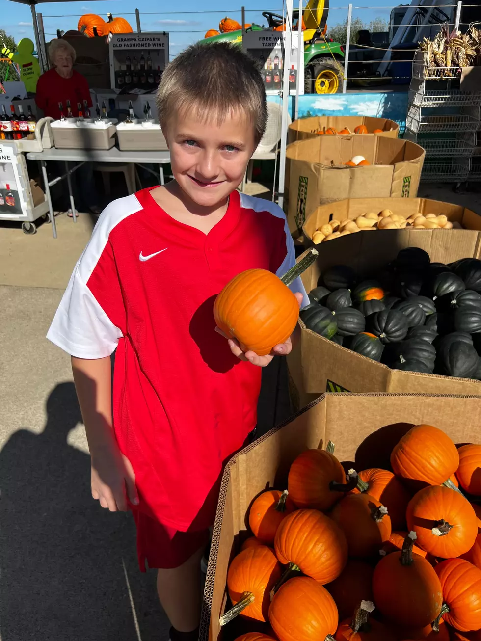 Credit: Tom Drake | Bennett shows off the pumpkins. "Grandma" can be seen at the wine tasting station. BTW, the wines are really good!