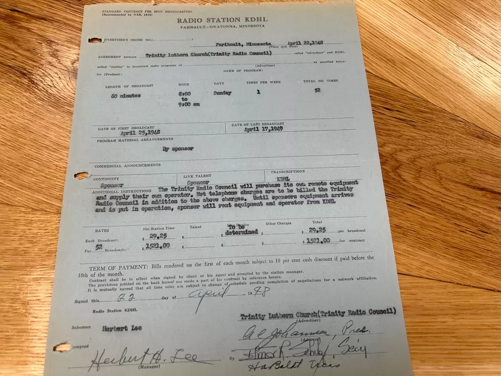 Original Contract between KDHL Radio and Trinity Lutheran Church for broadcasts April 1948