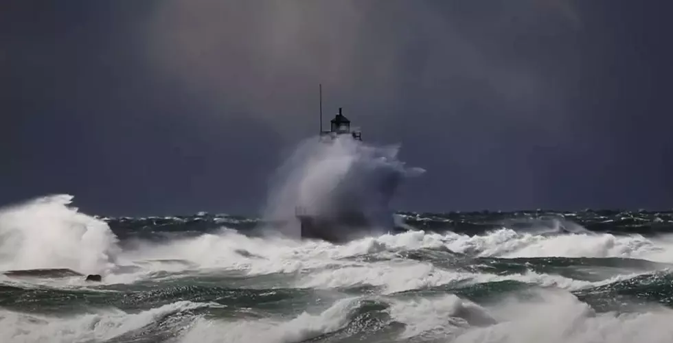 Waves Bury 50&#8242; Ludington Lighthouse in November Windstorm 