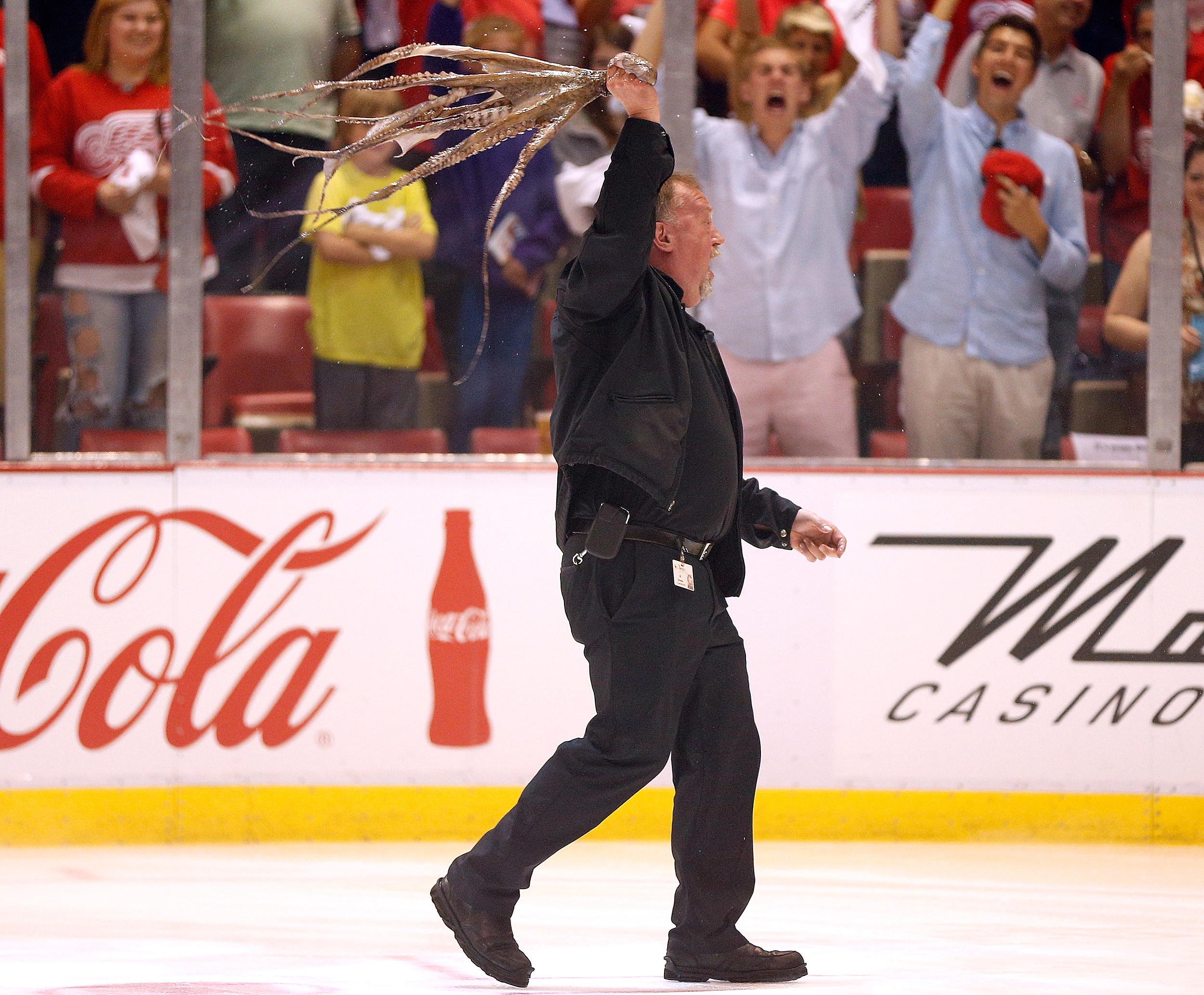 April 15, 2012: Detroit Red Wings mascot Al the Octopus is lowered