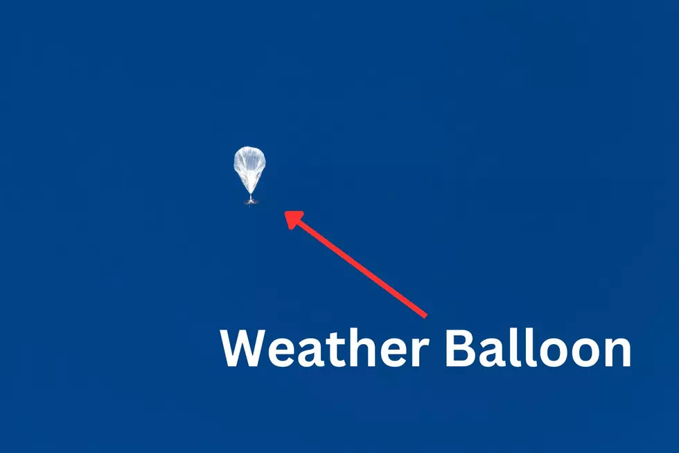 A blurry image is seen against a blue sky with a red arrow pointing to the object and the words "WEATHER BALLOON"