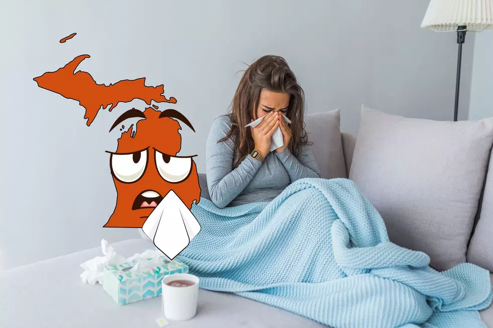 A woman sits on a couch with a blanket while she blows her nose into a tissue. An outline of Michigan is also seen with cartoon eyes and a tissue to its nose.