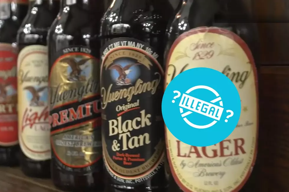Bottles of a variety of Yuengling Brewery beers are seen with a blue circle with ILLEGAL? overlaid upon them.