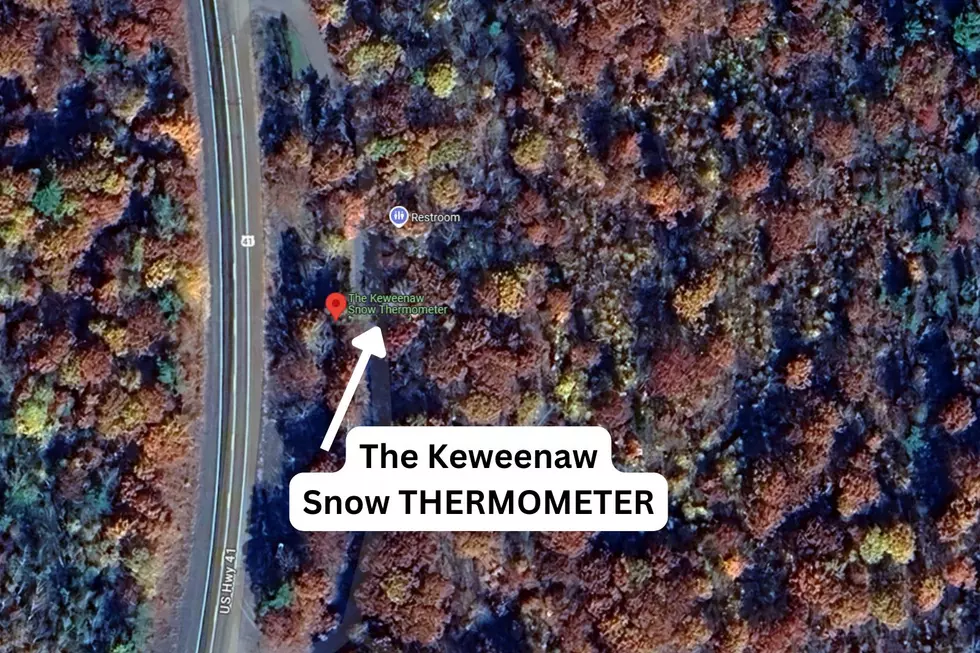 A Google Maps image of US-41 is seen with a white arrow pointing to a location in MIchigan's Upper Peninsula with a test bubble reading THE KEWEENAW SNOW THERMOMETER (with emphasis on THERMOMETER)