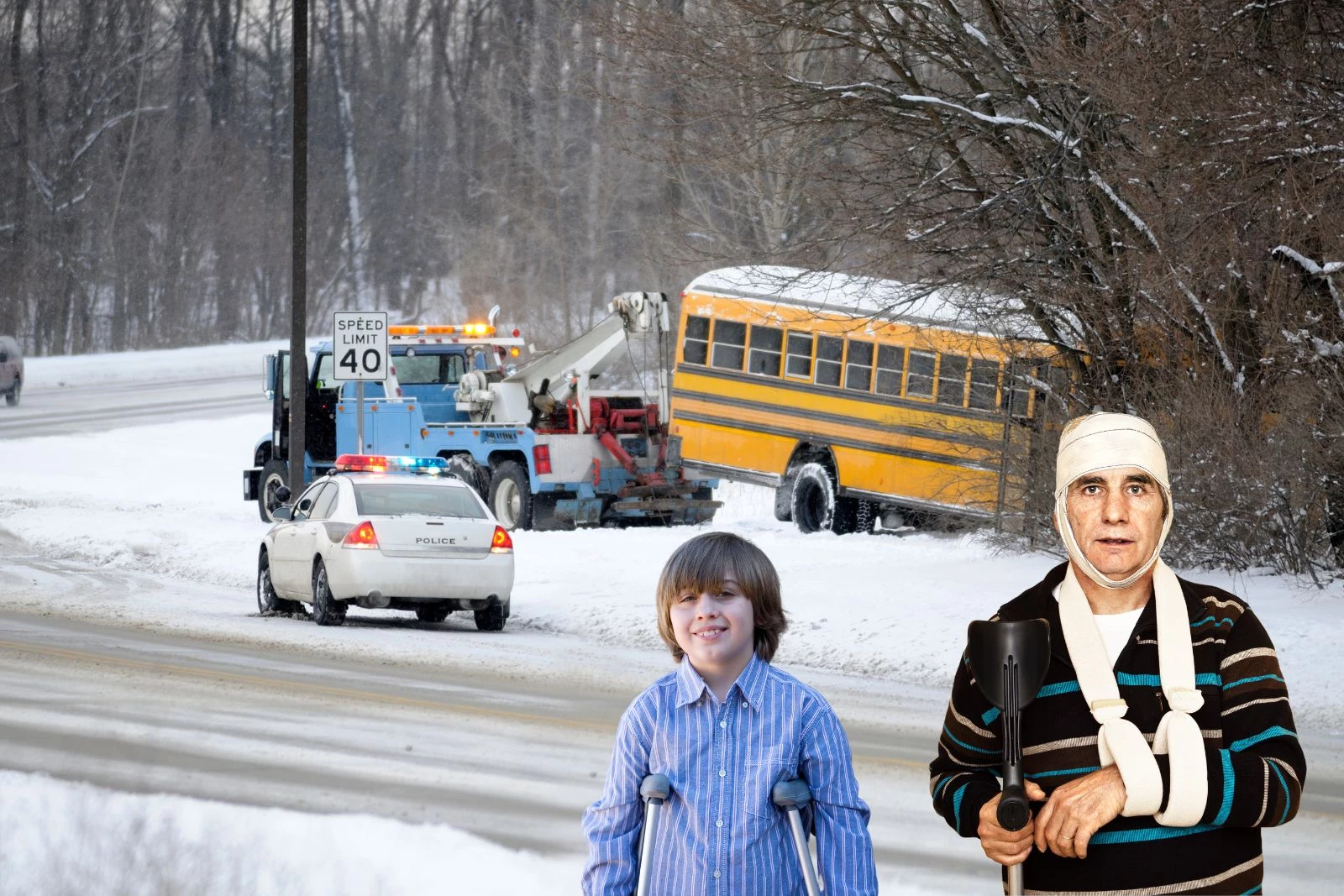 A tow truck pull a school bus out of a snowy accident as a police car watches on. Overlaid upon the image is a young man and an older gentlemen, both are on crutches and injured as if a result of a bus accident in Michigan.