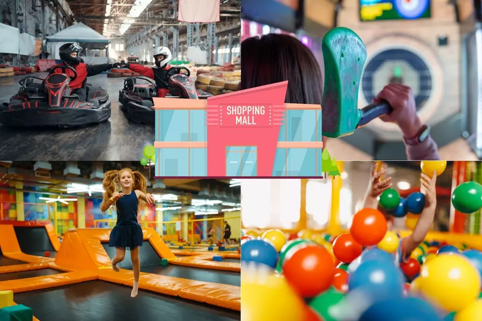 Clockwise beginning with upper left hand image: Indoor go carts racing, a woman readies an ax to throw in an indoor range, a child jumps on one of several indoor trampolines, and a hand reaches up from a colorful ball pit.
