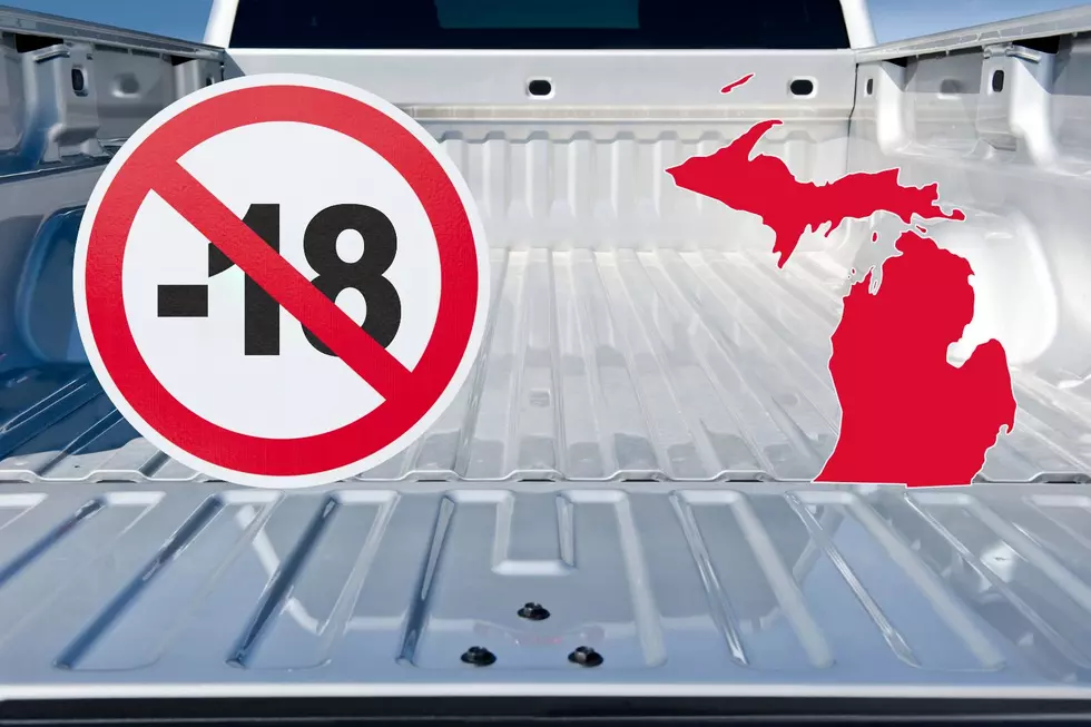 A truck bed is seen with -18 written and a circle with a line through it over it. An outline of Michigan in red is also seen.