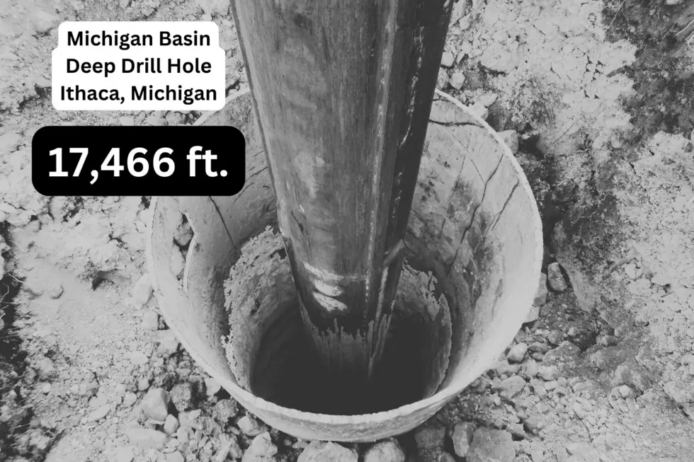 A stock image of an oil well with the words: MICHIGAN BASIN DEEP DRILL HOLE, ITHACA, MICHIGAN 17,466