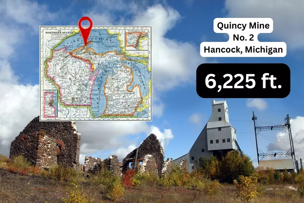 The Quincy Mine in Hancock, Michigan with QUINCY MINE NO. 2 HANCOCK MICHIGAN 6,225 FT. written and a map of Michigan in the left corner with a map point on Hancock.