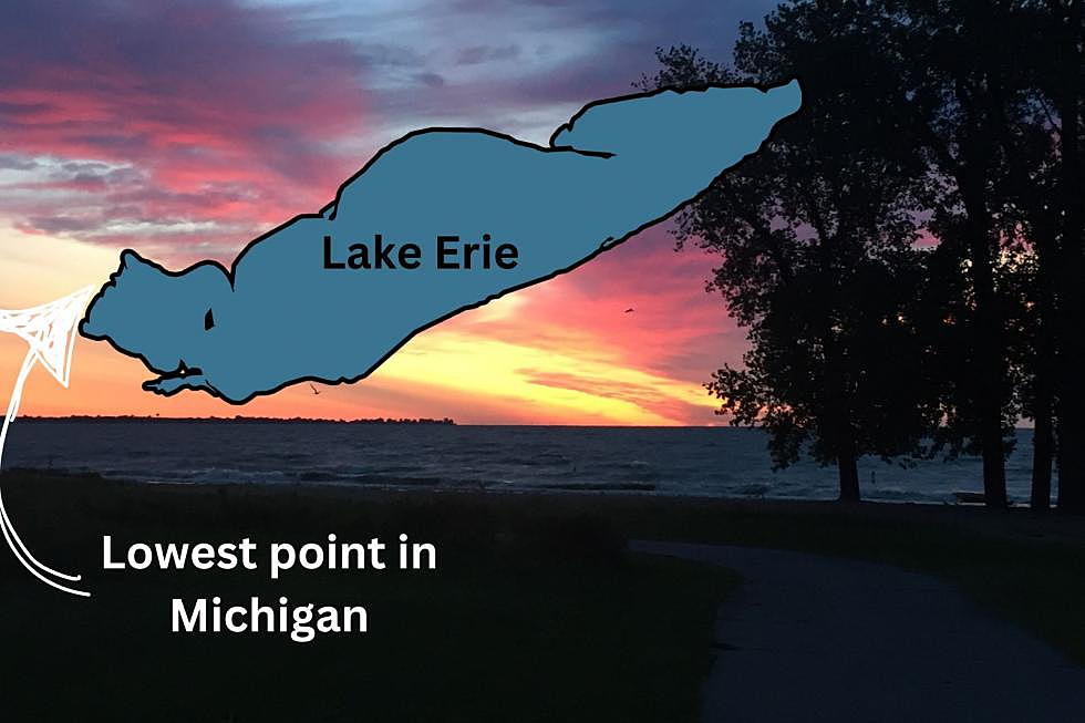 A look at Lake Erie during sunset from the shores of Sterling State Park in Monroe, Michigan. An outline of Lake Erie is seen with an arrow pointing to the Michigan shoreline and text reading LOWEST POINT IN MICHIGAN