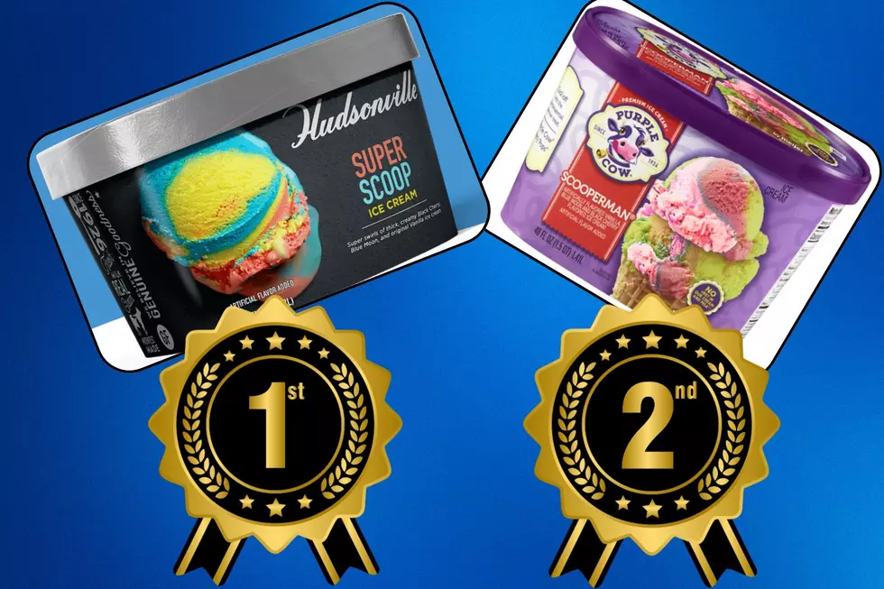 A 48 oz. package of Hudsonville's Superscoop Ice Cream is seen with a 1st place ribbon, next to a container of Meijer's Purple Cow brand Scooperman, with a 2nd place ribbon.