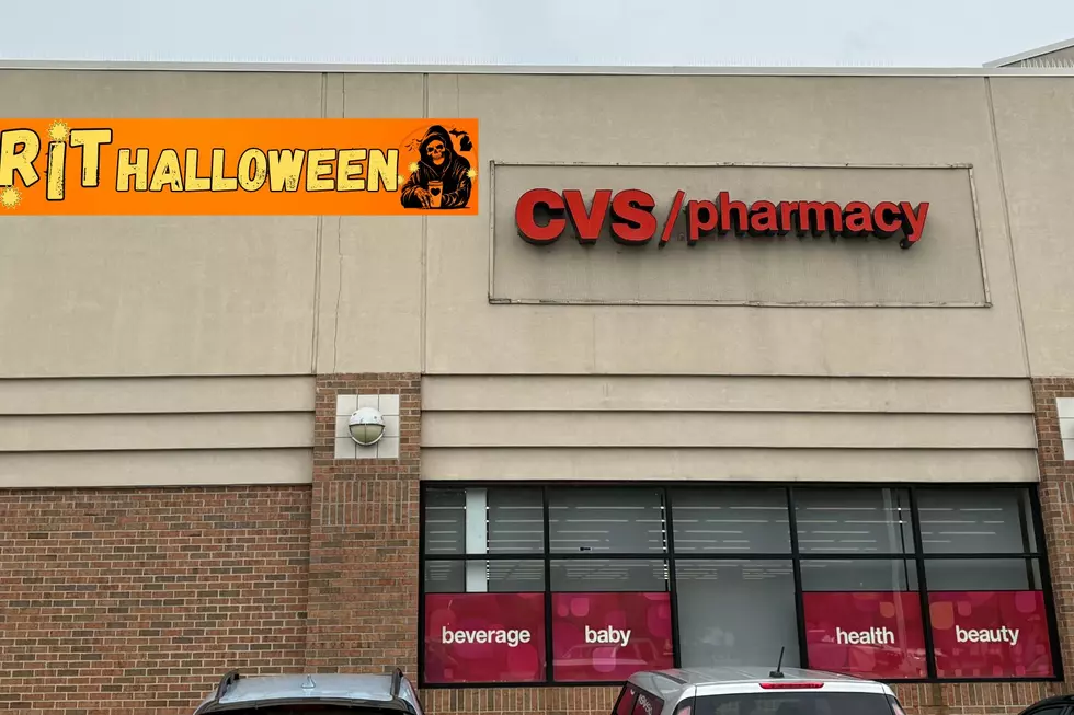 The side view of a Lansing, Michigan, CVS Pharmacy is seen with an image of a Spirit Halloween overlaid upon it.