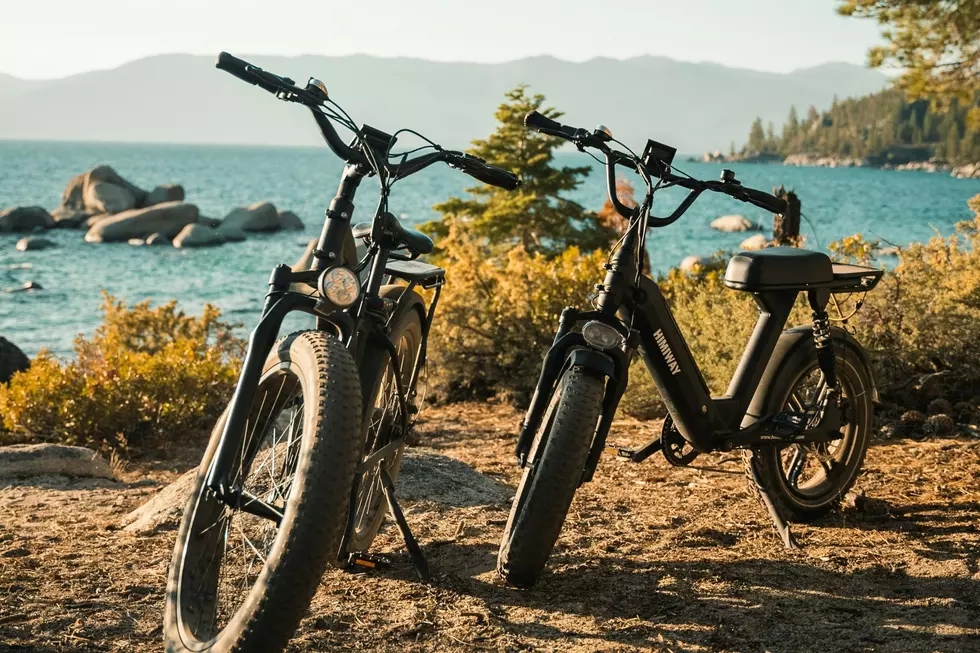 A pair of e-bikes sit on the shore of a lake.