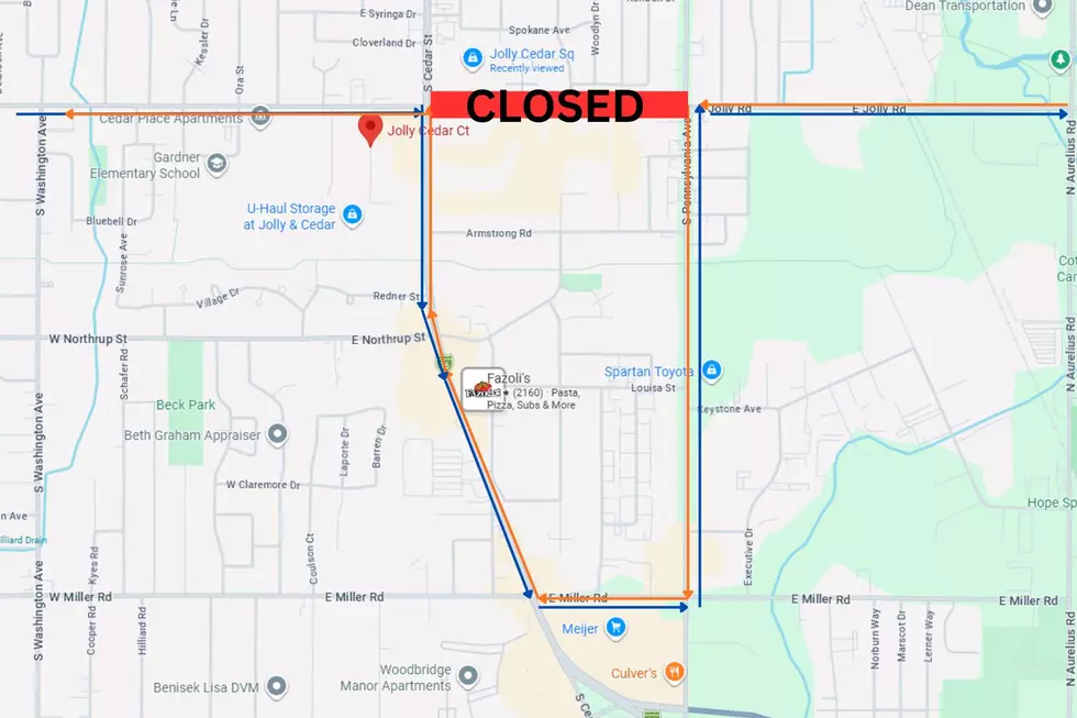 A Google Maps view of the detour in place for the closure of Jolly Road in Lansing, Michigan, between Cedar Street and Pennsylvania Avenue.