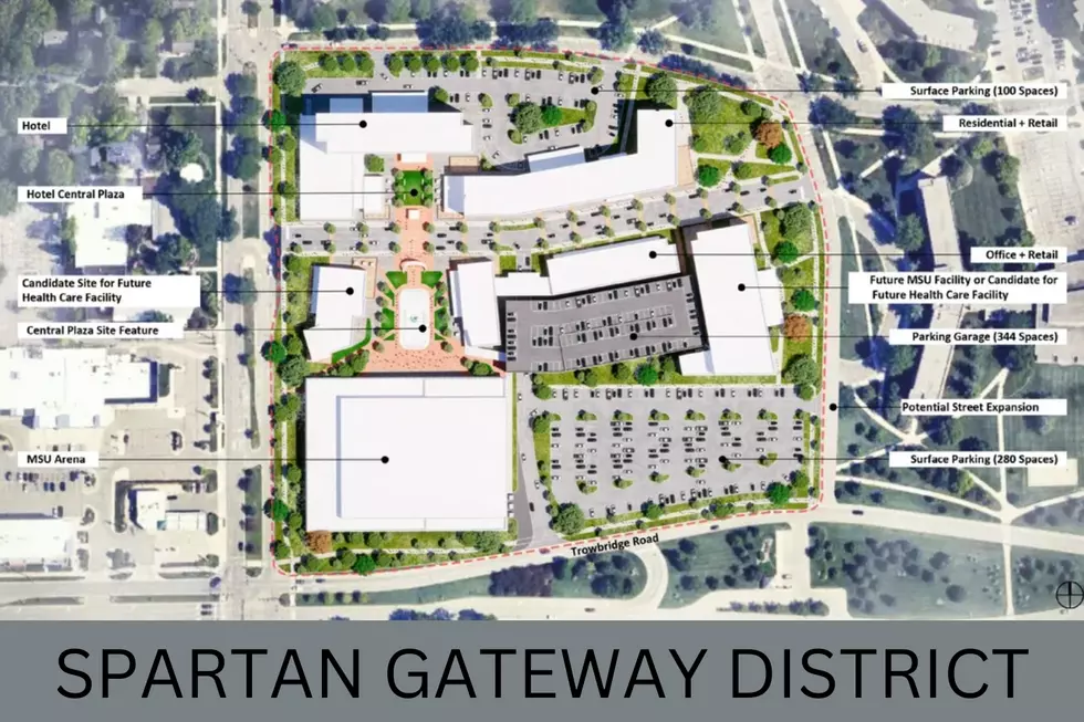The proposed new Spartan Gateway District would greatly change the complexion of the corner of Trowbridge and Harrison Roads at the west entry onto the campus of Michigan State University. (Photo via Michigan State University)