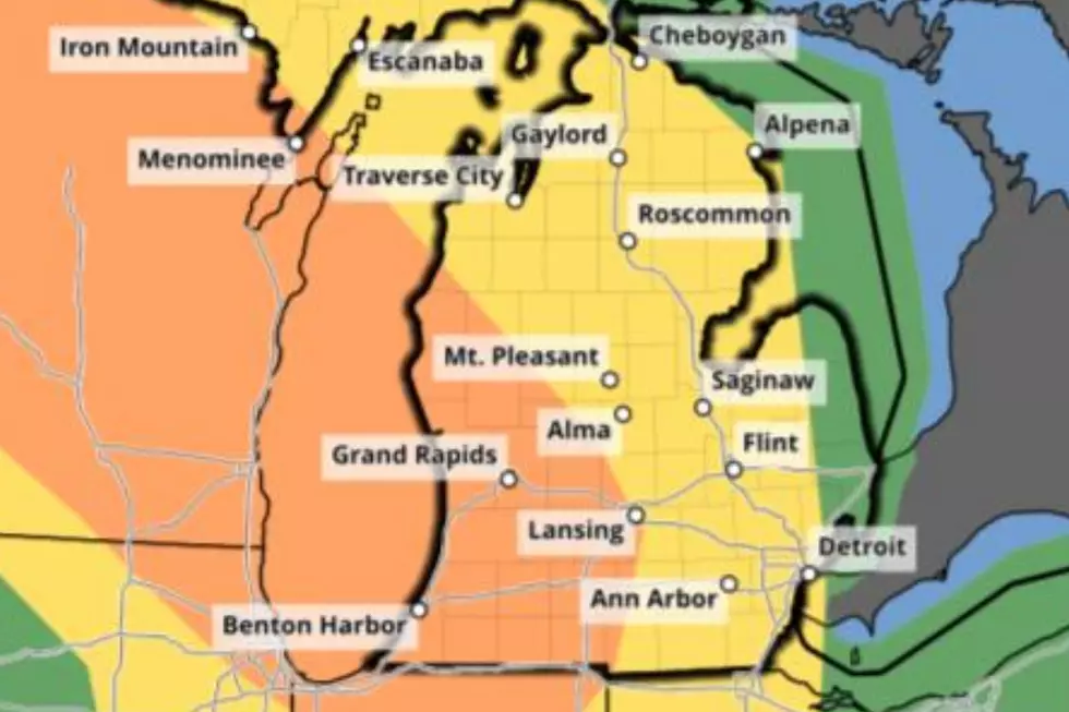 Much of Western and Mid-Michigan (indicated in orange) is at an enhanced risk for severe weather late Thursday, according to the National Weather Service. (Photo via National Weather Service)