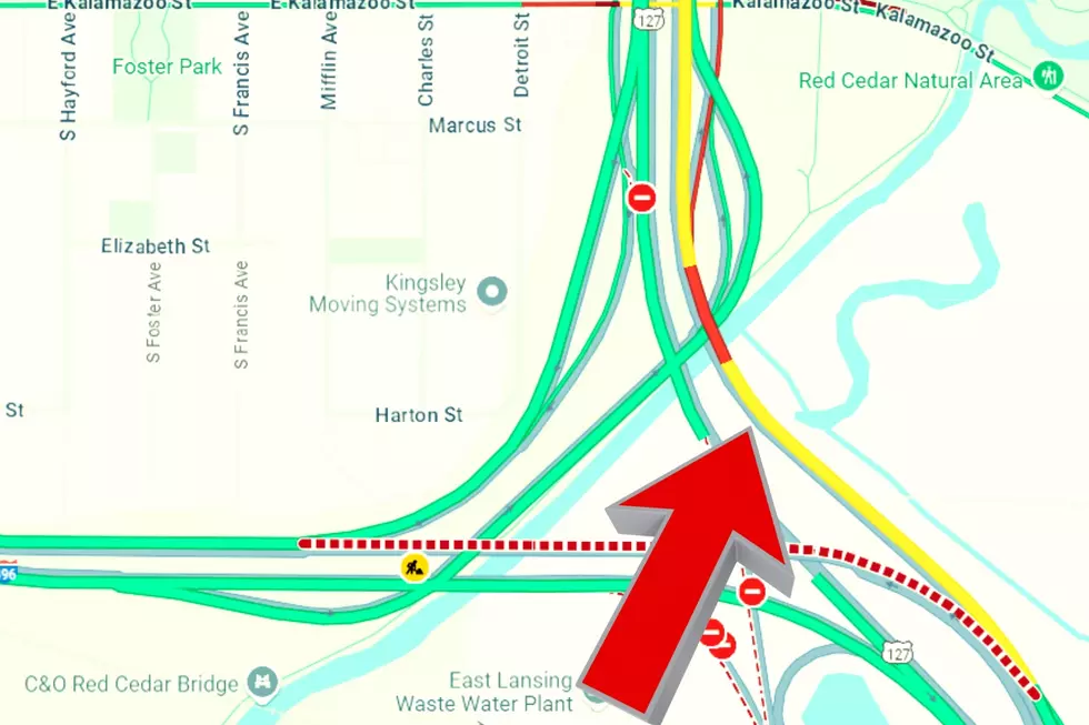 This arrow shows northbound U.S. 127 approaching the exit for Kalamazoo Street and Michigan Avenue in Lansing, Michigan. (Photos via GoogleMaps and Canva)