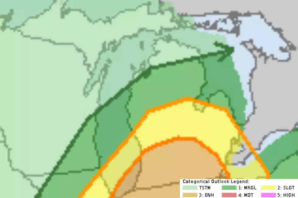 This graphic from NOAA's Storm Prediction Center shows southernmost Lower Michigan (indicated in orange) under an enhanced threat for severe thunderstorms on June 18, 2025. Areas in yellow have a slight risk.(Photo via NOAA Storm Prediction Center)