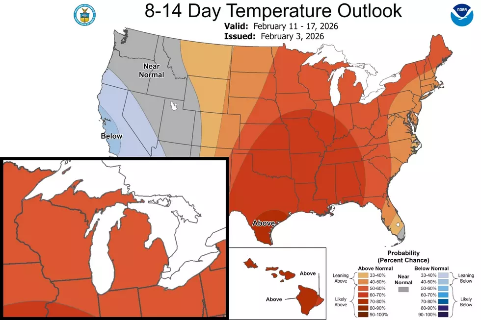 The long range temperature outlook for mid-February in Michigan features better-than-even chances at warmer than usual temperatures. (Photo via National Weather Service)