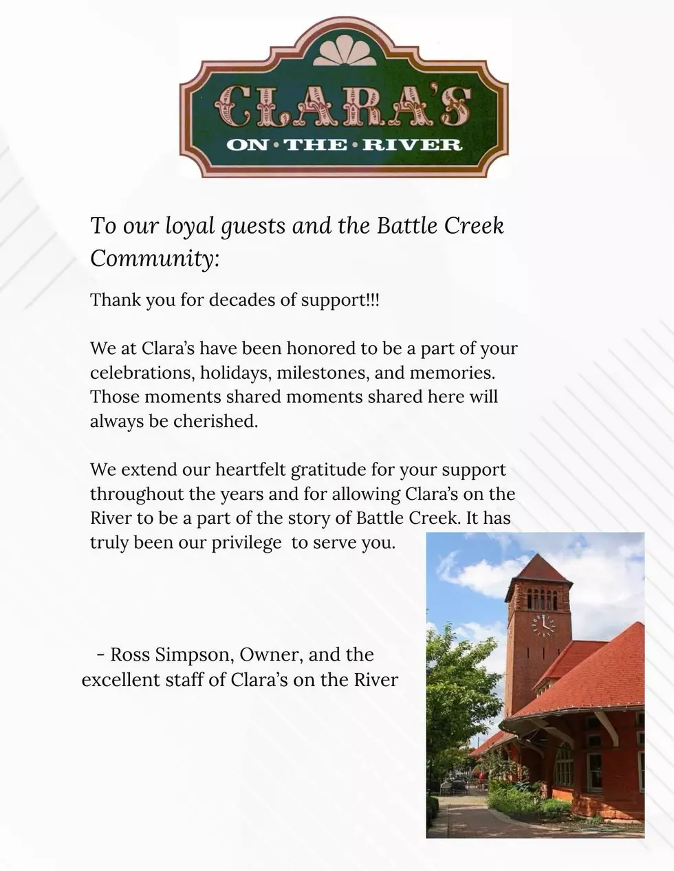 Clara's on the River in Battle Creek has announced it will be closing this weekend after 34 years. (Photo via Facebook: Clara's on the River)