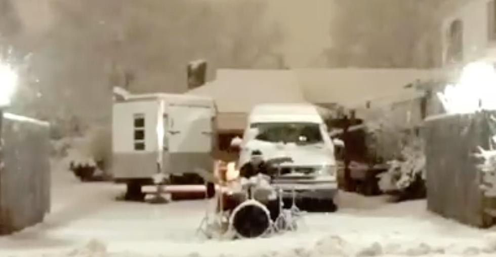 Dude In Maine Sets Up Drum Kit In Driveway And Plays During Snowstorm