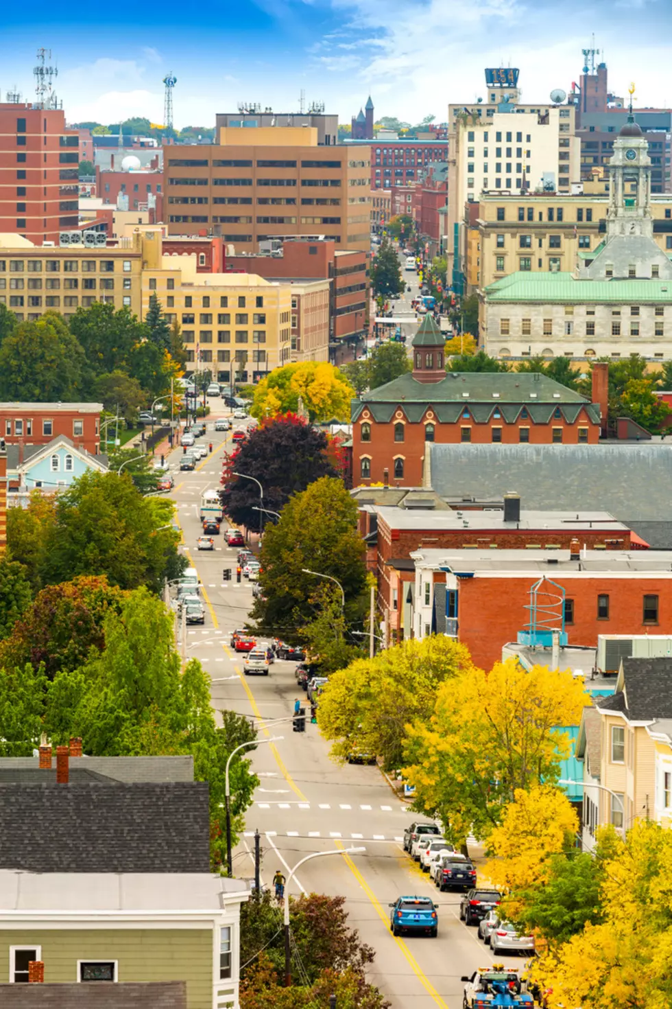 Aerial view of downtown Portland, Maine along Congress street