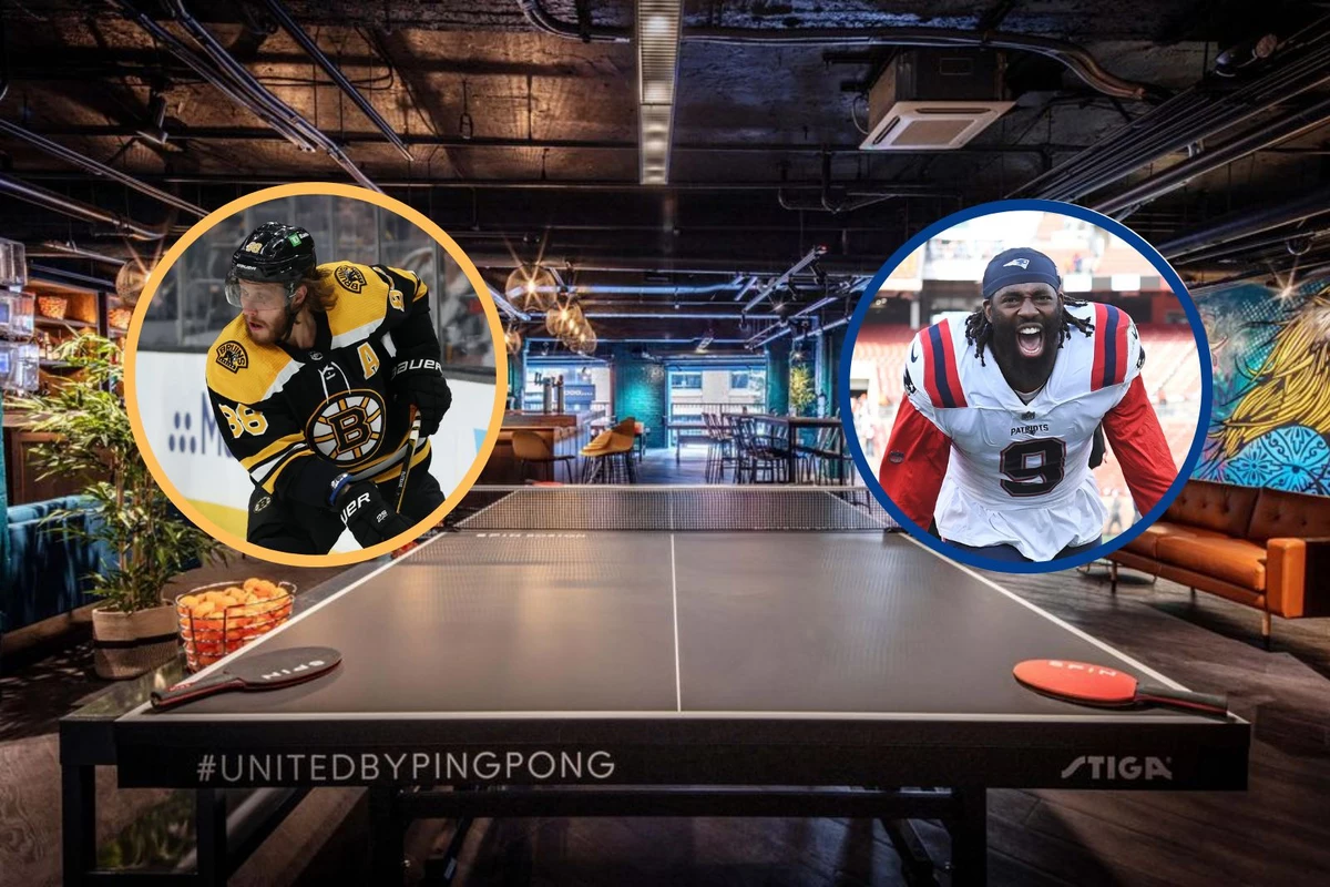 A Bruin and a Patriot face off in a ping pong match