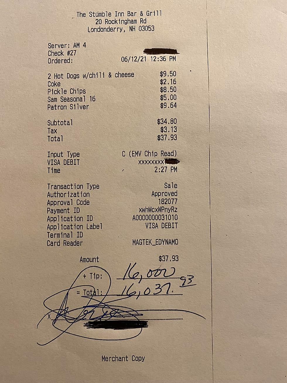 $16,000 Tip Left at a Bar in Londonderry New Hampshire