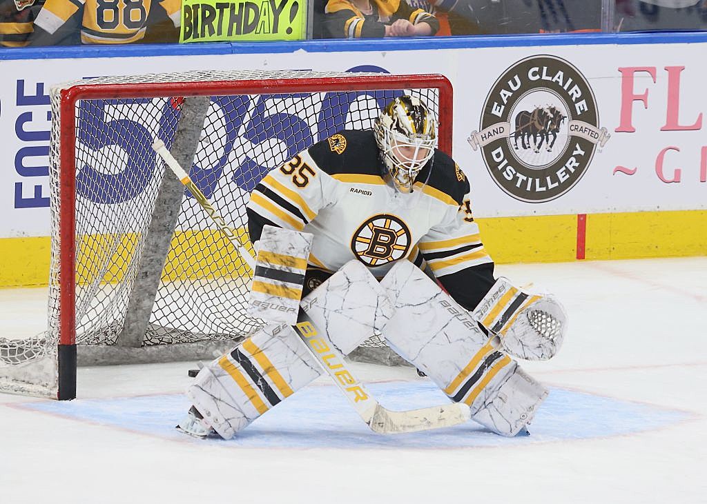 The new helmet of Boston Bruins goalie Linus Ullmark features his