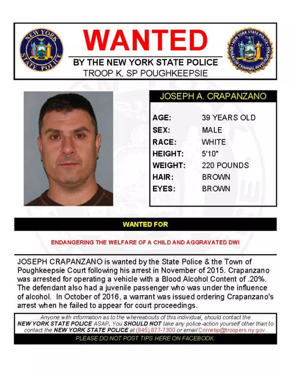 Warrant Wednesday: Dutchess County Man Wanted For Aggravated DWI and Endangering the Welfare of a Child