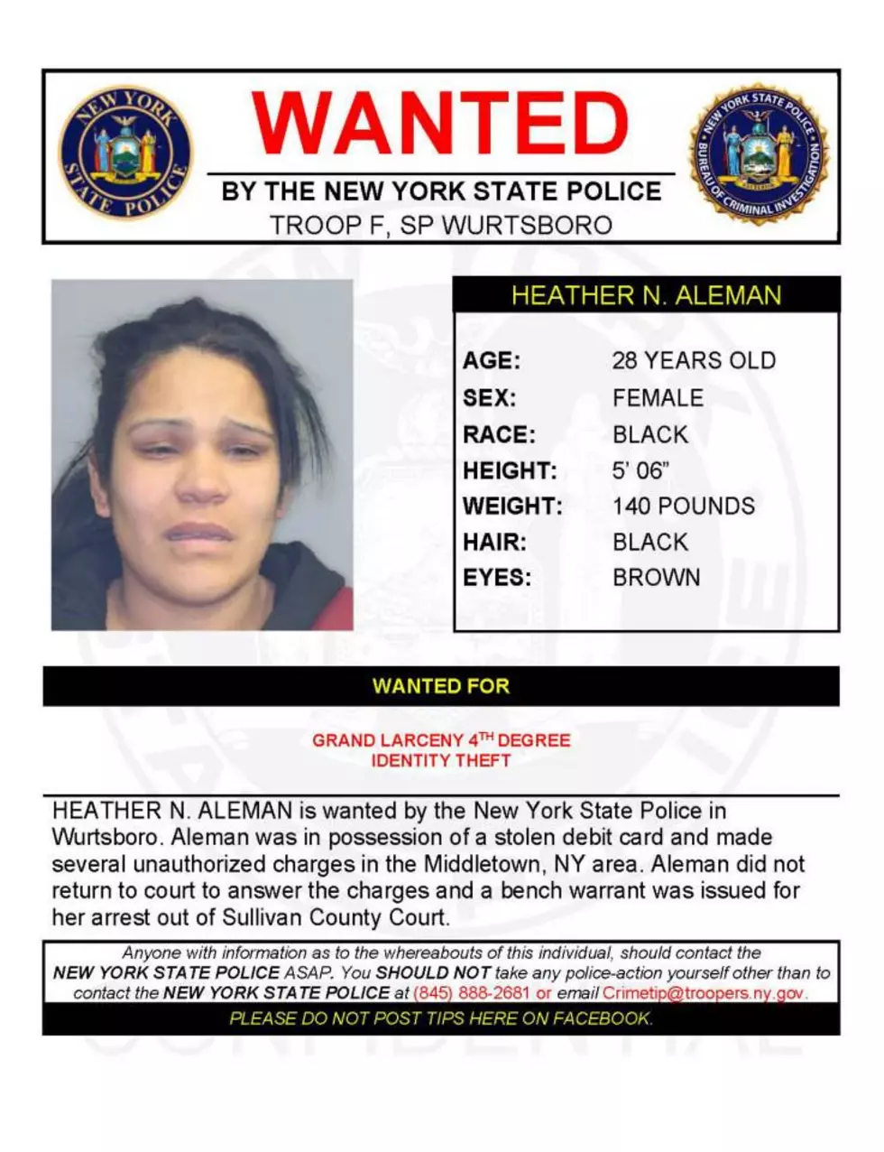 Warrant Wednesday: Sullivan County Woman wanted for Grand Larceny and Identity Theft