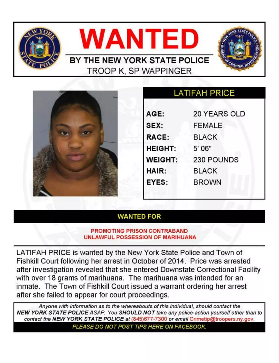 Warrant Wednesday: Dutchess County Woman Wanted for Allegedly Promoting Prison Contraband