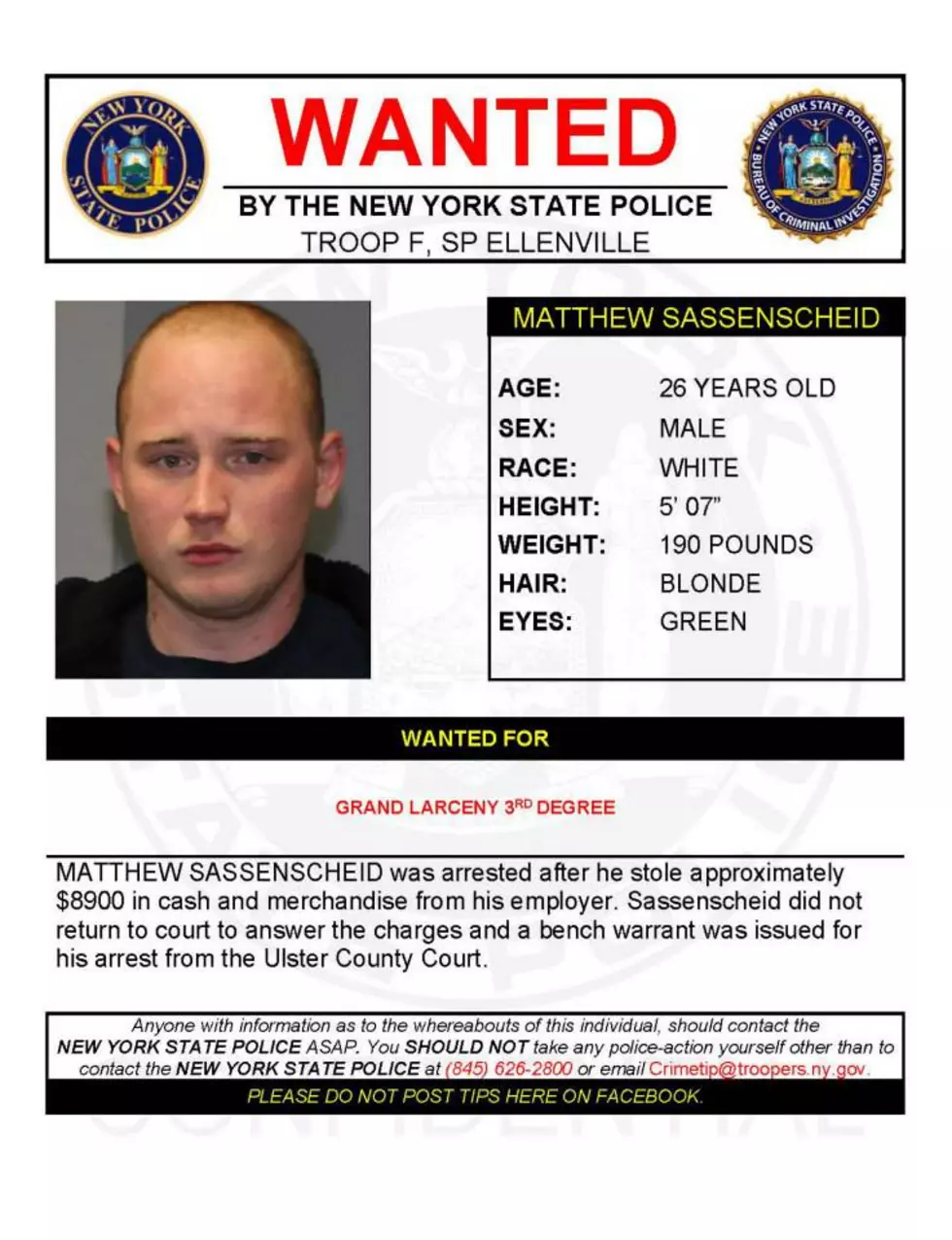 Warrant Wednesday: Ulster County Man Wanted on Grand Larceny Charge