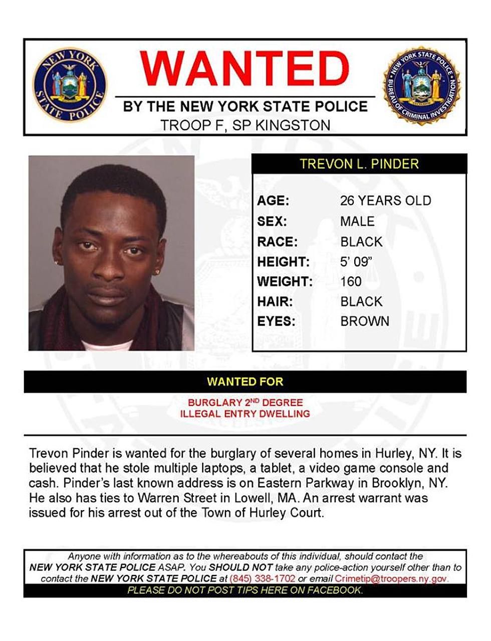 Warrant Wednesday: Brooklyn Man Wanted for Ulster County Burglaries