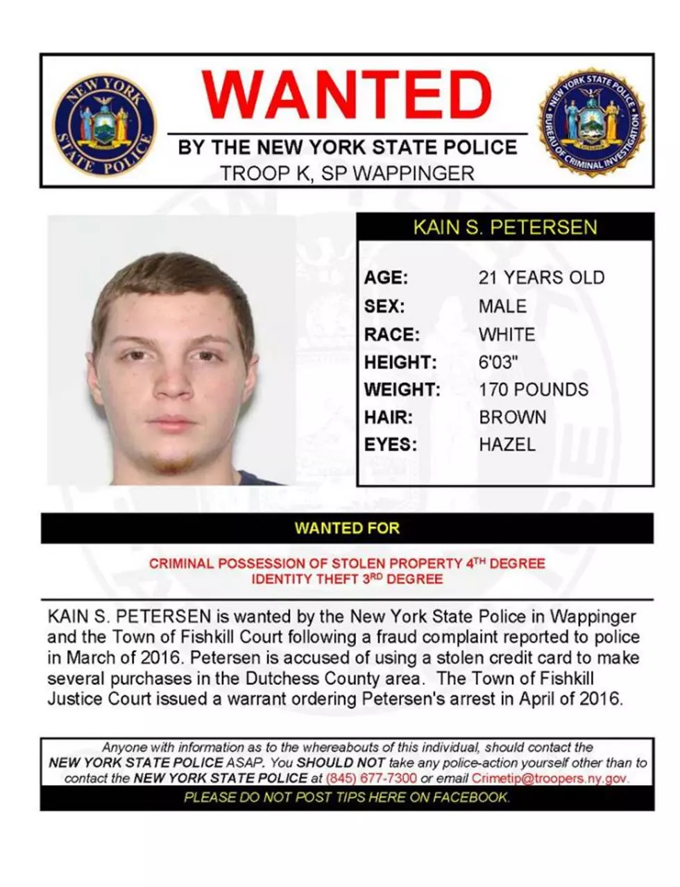Warrant Wednesday: Dutchess County Man Wanted for Identity Theft