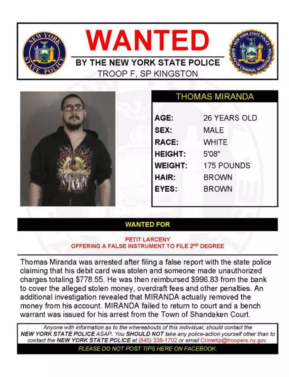 Warrant Wednesday: Ulster County Man Wanted for Larceny